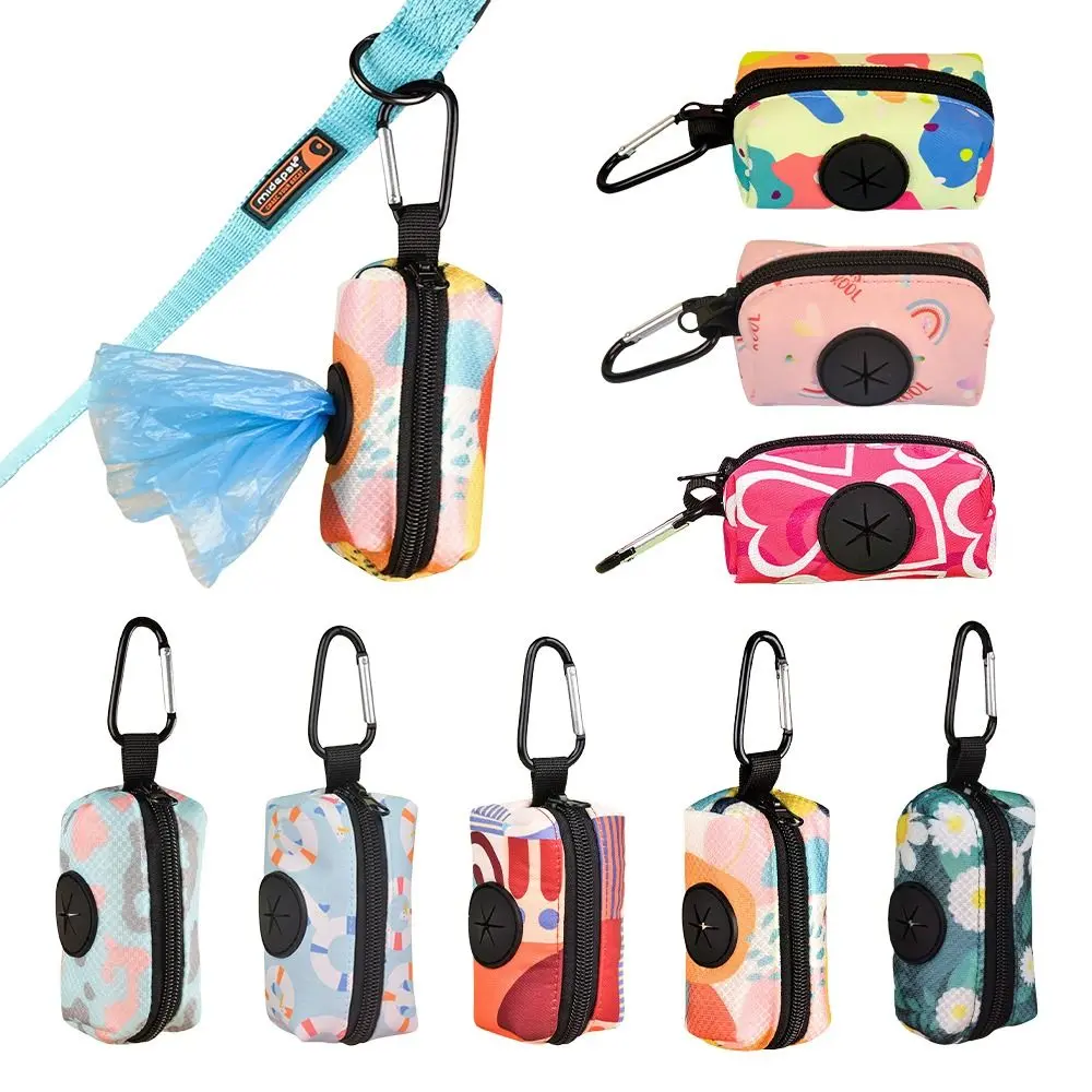 Reusable Colorful Print Dog Poop Bag Dispenser Zipper Hangable Waste Bag Organizer with Buckle Garbage Bags Holder Pet Supplies
