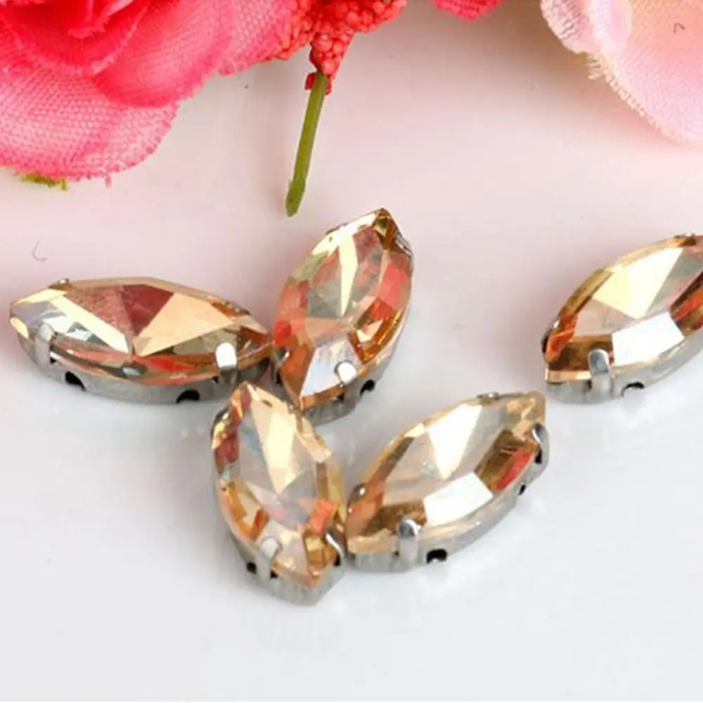 50Pcs/Pack Eye Shape Glitter Sewing Rhinestones With Silver Claw Sew On Glass Crystal Stones 7x15mm Diamond Beads Ornament