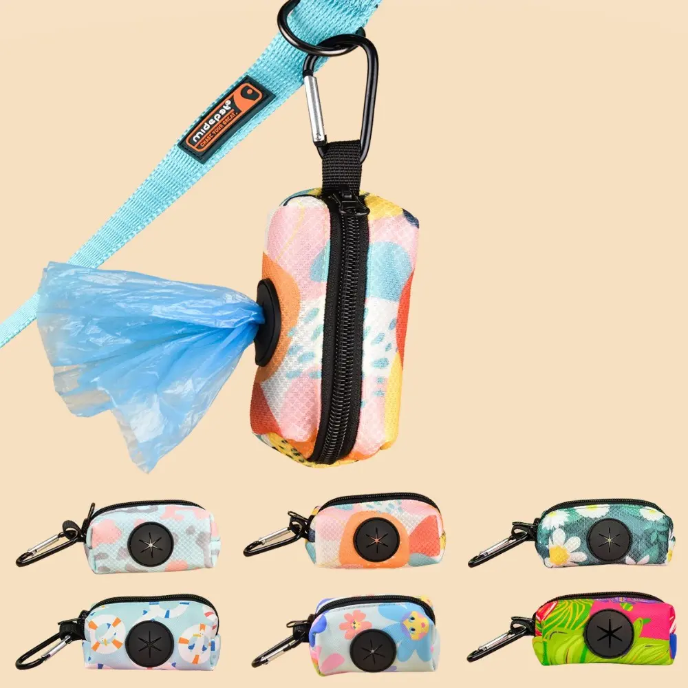 Reusable Colorful Print Dog Poop Bag Dispenser Zipper Hangable Waste Bag Organizer with Buckle Garbage Bags Holder Pet Supplies