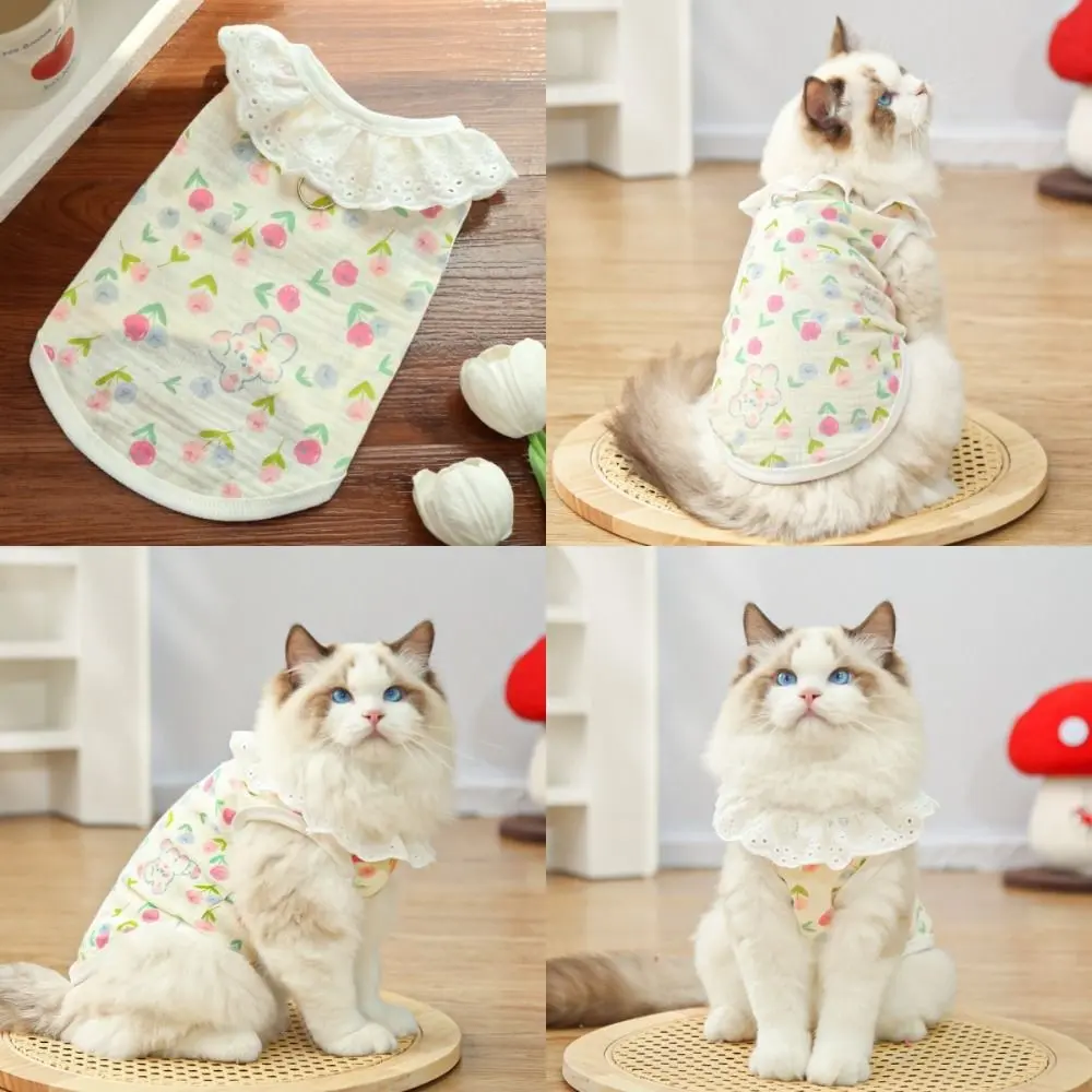 Soft Cotton Dog Shirt Lace Collar Cute Rabbit Bear Puppy Clothes Thin Breathable Cat Vest for Small Medium Dogs