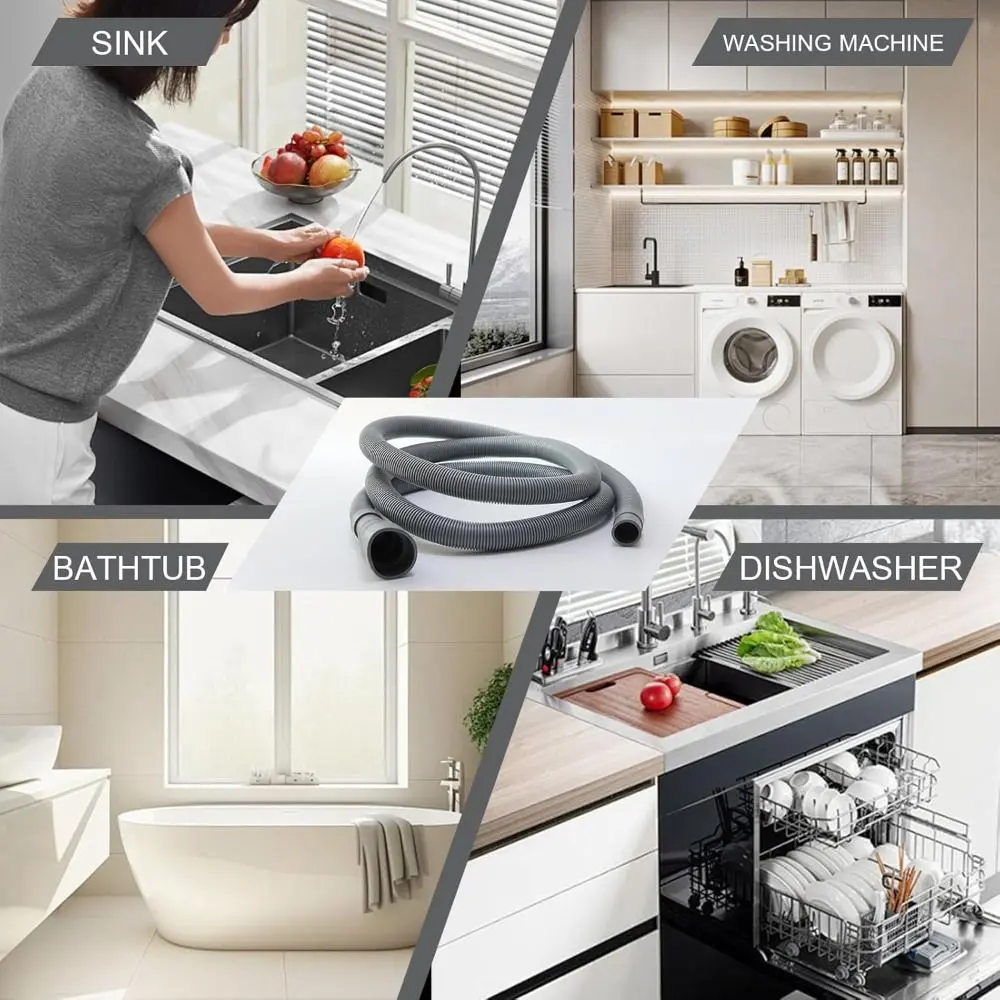 New Flexible Washing Machine Drain Hose Grey Corrugated Washing Machine Tube Thickened Extension Pipe