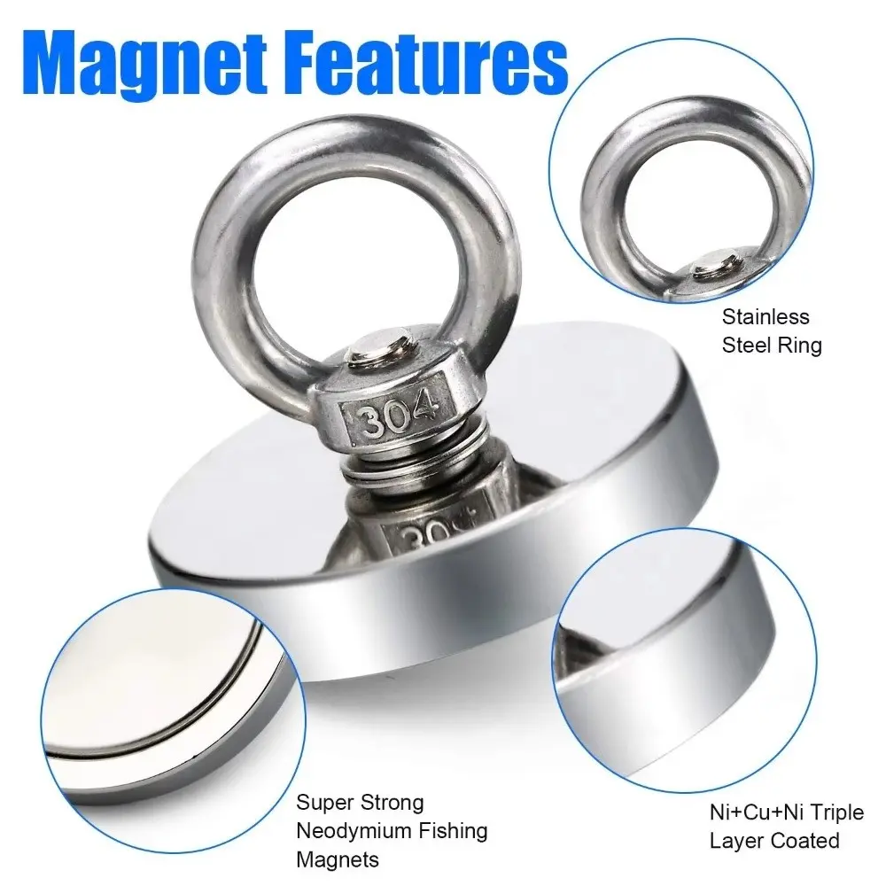 High Pull Force Strong Neodymium Fishing Magnet Wear Resistant Durable Heavy Duty Magnet Stainless Steel Eyebolt