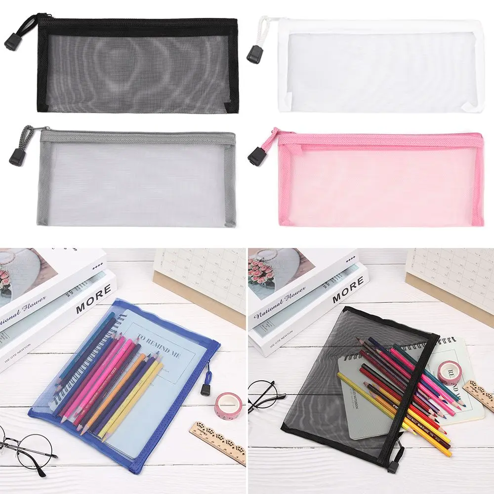 Gifts Solid Color Handbags Cosmetic Makeup Coin Purse Cosmetic Storage Mesh Pen Bag Zipper Pencil Case Transparent Grid