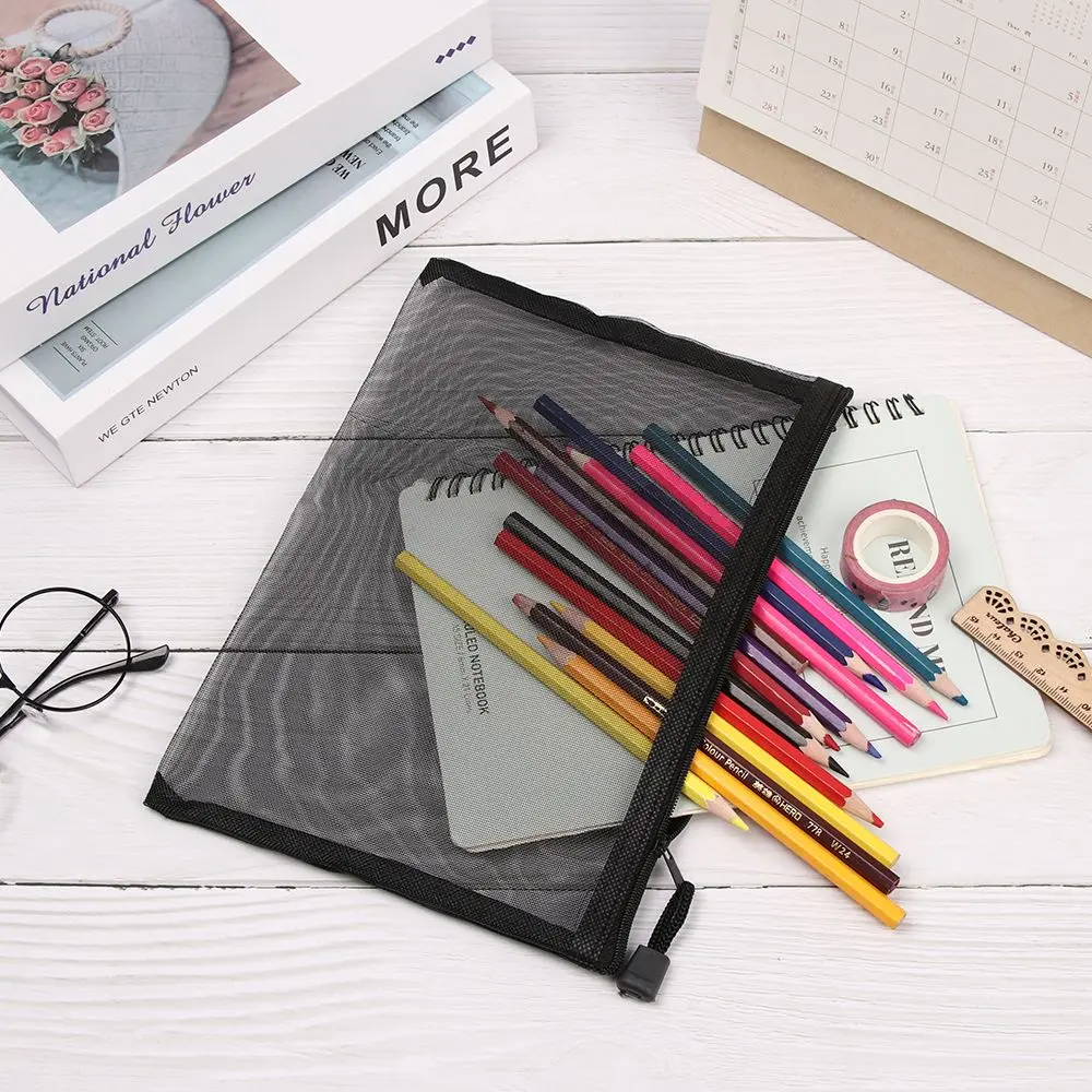 Gifts Solid Color Handbags Cosmetic Makeup Coin Purse Cosmetic Storage Mesh Pen Bag Zipper Pencil Case Transparent Grid