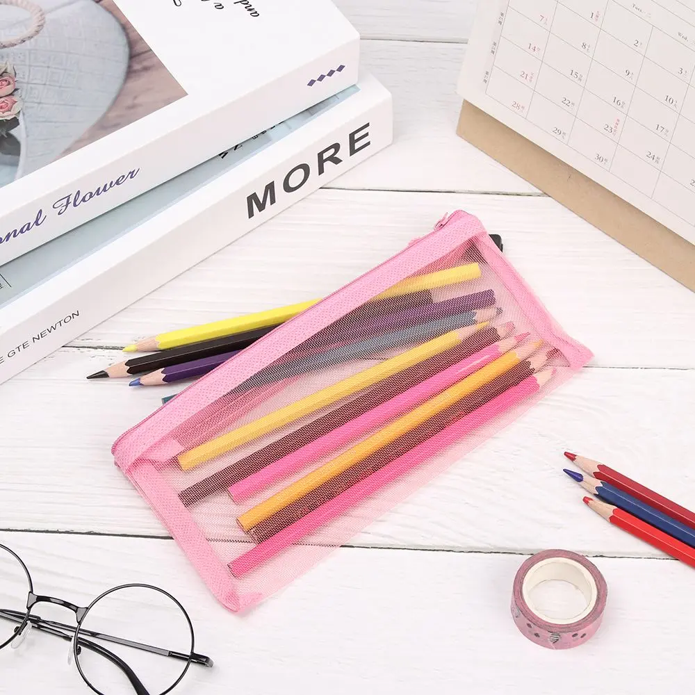 Gifts Solid Color Handbags Cosmetic Makeup Coin Purse Cosmetic Storage Mesh Pen Bag Zipper Pencil Case Transparent Grid