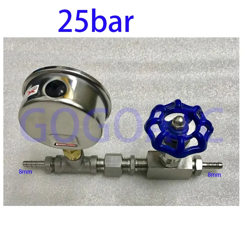 Pressure gauge plus three-way pagoda connector, stainless steel connector, stainless steel needle valve pressure 3.5bar