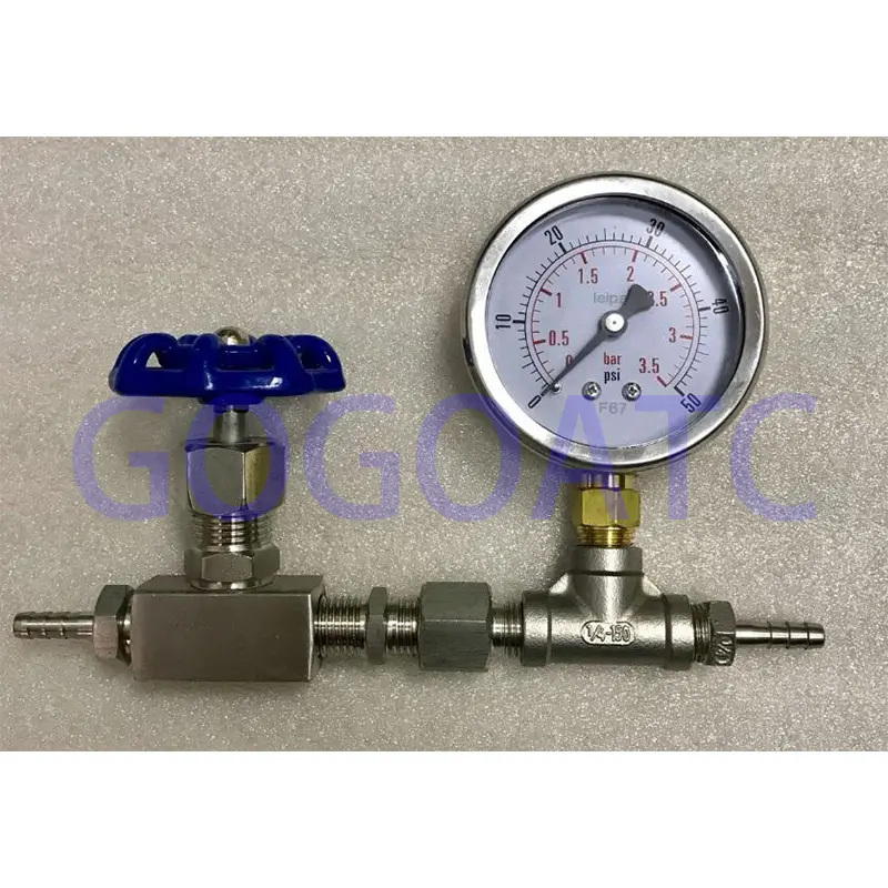 Pressure gauge plus three-way pagoda connector, stainless steel connector, stainless steel needle valve pressure 3.5bar