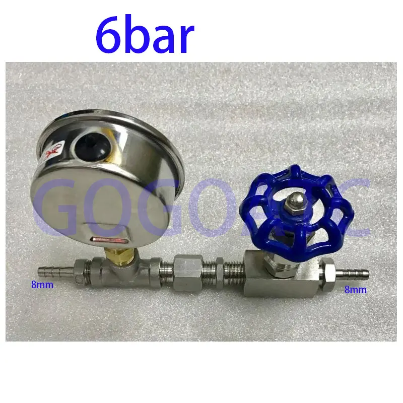 Pressure gauge plus three-way pagoda connector, stainless steel connector, stainless steel needle valve pressure 3.5bar