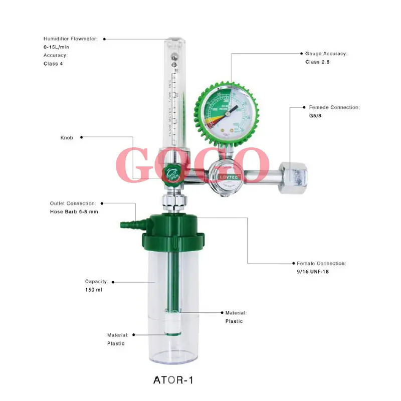 Oxygen pressure regulator Regulator with Flowmeter and humidifier bottle 0-15L