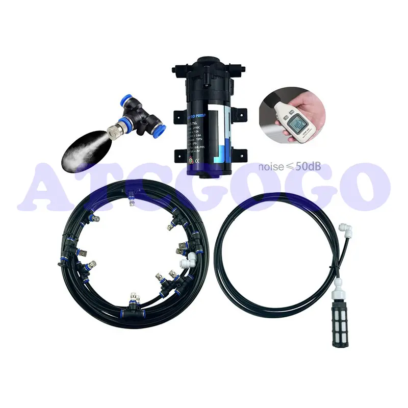 uiet DC 24V Water Pump Sprayer Patio Mist Cooling System 6mm Slip Lock Fog Nozzles Garden Watering Kit