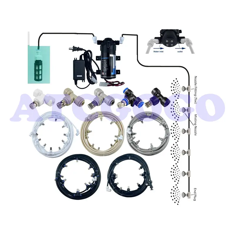 uiet DC 24V Water Pump Sprayer Patio Mist Cooling System 6mm Slip Lock Fog Nozzles Garden Watering Kit