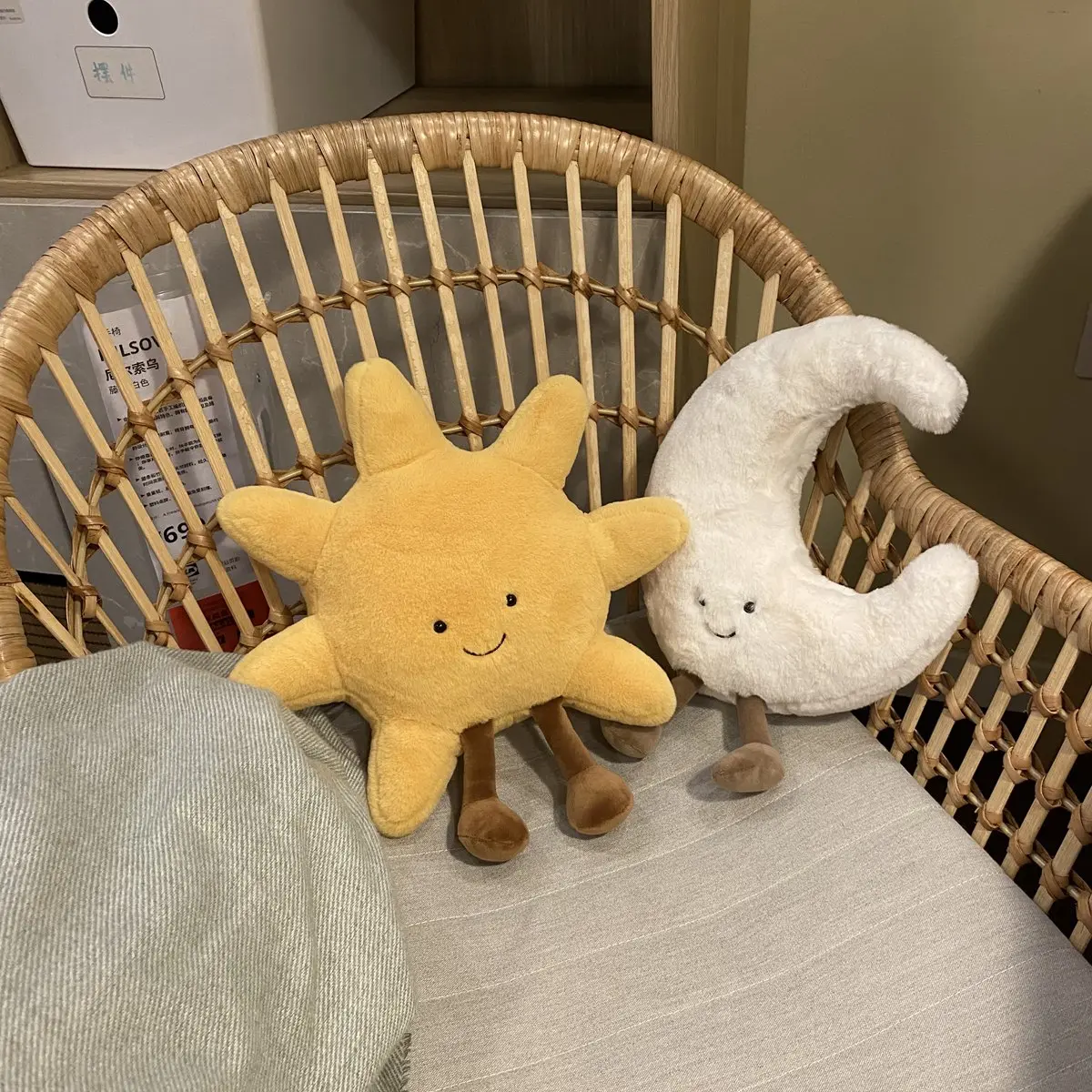 Adorable Smile Face White Moon Yellow Sun Plushie Stuffed Cute Cartoon Weather Plush Toy for Kid Bedroom Decor Sofa Throw Pillow