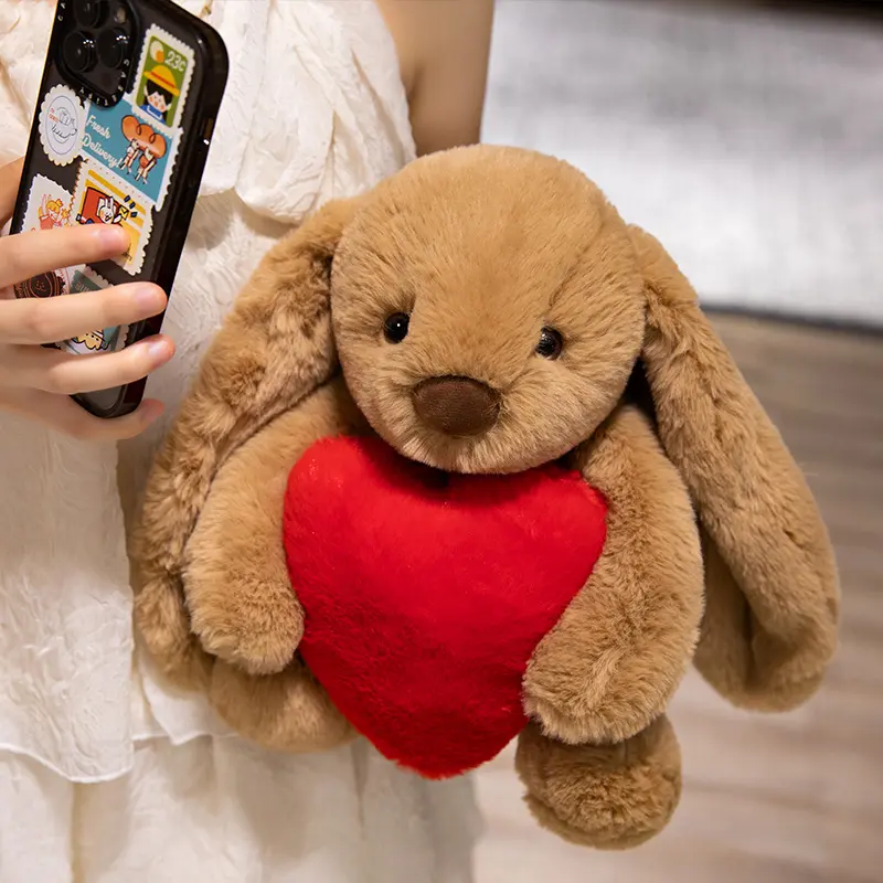 Kawaii High Quality Hold Heart Rabbit Plush Doll Cute Soft White Brown Long-Eared Bunny Plush Toy For Girls Birthday Present