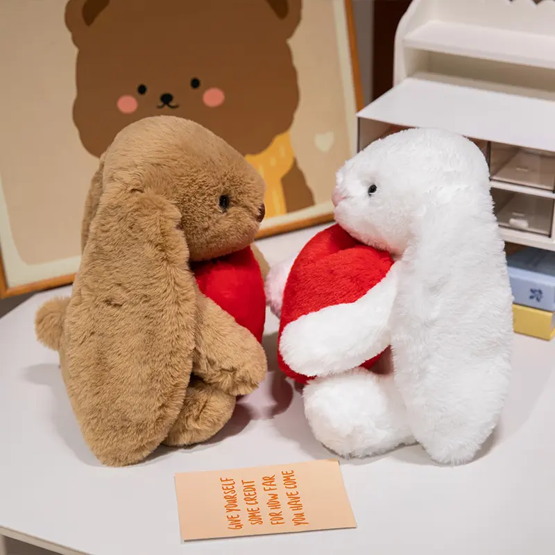 Kawaii High Quality Hold Heart Rabbit Plush Doll Cute Soft White Brown Long-Eared Bunny Plush Toy For Girls Birthday Present