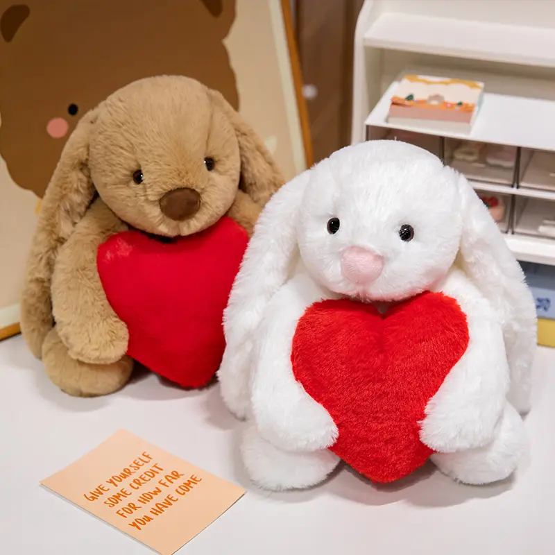 Kawaii High Quality Hold Heart Rabbit Plush Doll Cute Soft White Brown Long-Eared Bunny Plush Toy For Girls Birthday Present