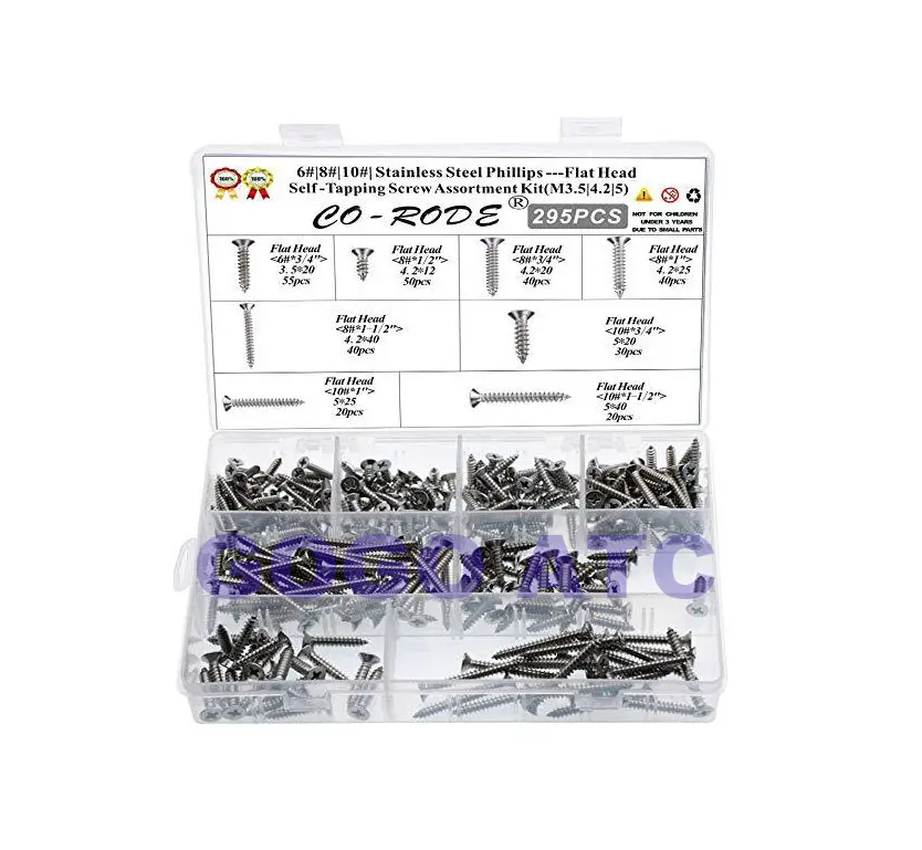 295Pcs Stainless Steel Self Tapping Wood Screw Assortment Kit Lock Nut Wood Flat head Thread Nail Screw Fastener Sets