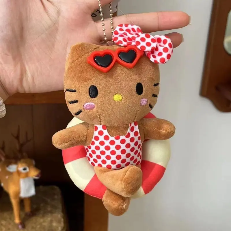 Hello Kitty Cute Black Skin Kt Cat Polka Dot Plush Doll Kawaii Swimming Circle Toy Fluffy Keychain Pendant Periphery Gift