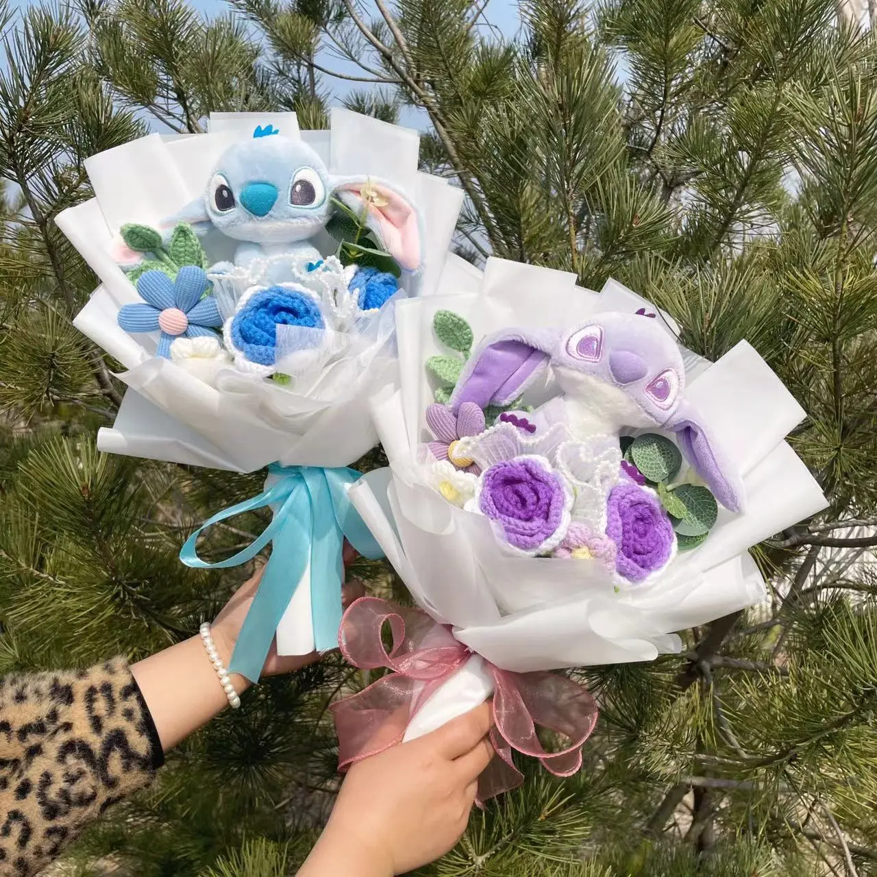 Catoon Stich Plush Doll Toy With Flowers Creative Handmade Bouquet Stuffed Animals Valentine Christmas Graduation Gift