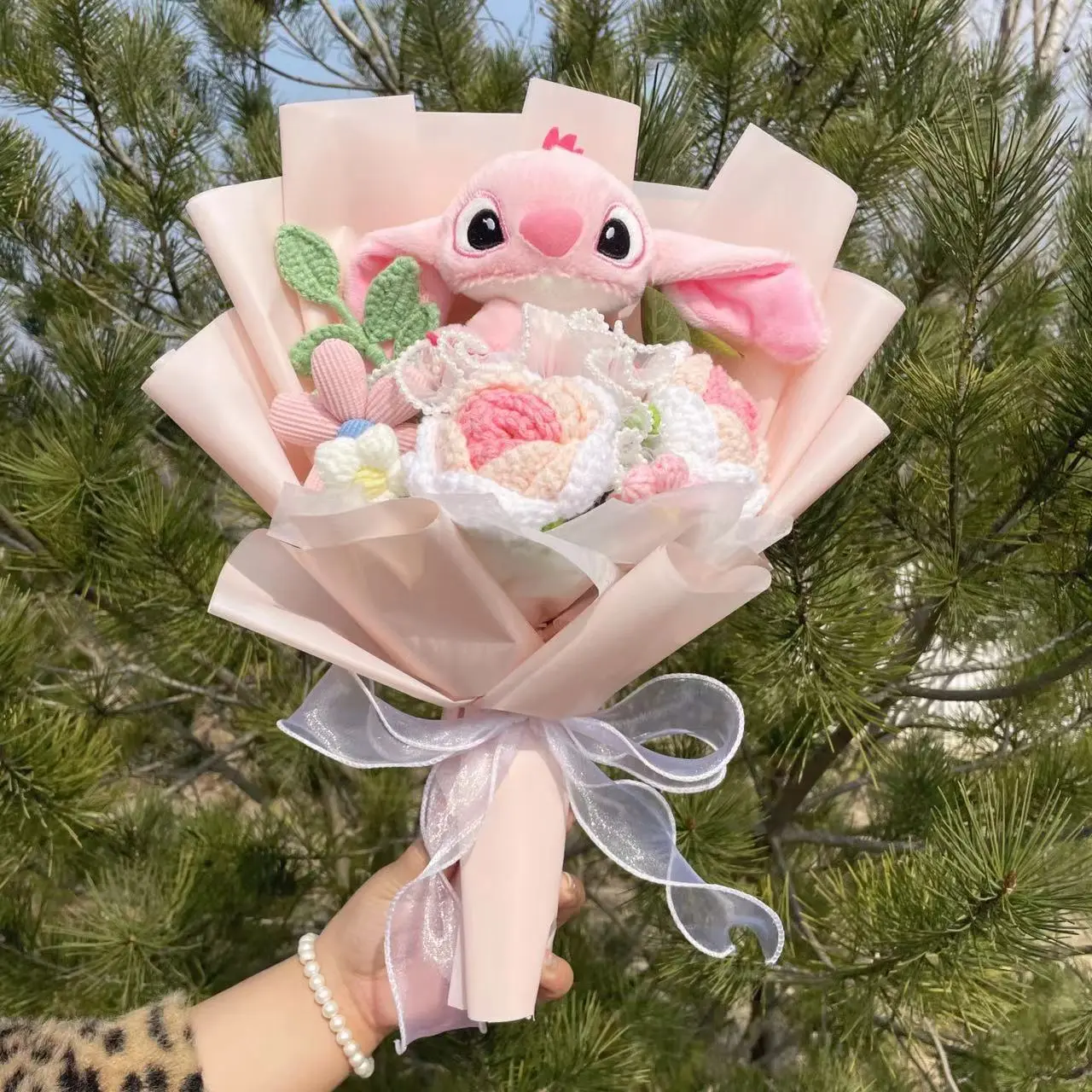 Catoon Stich Plush Doll Toy With Flowers Creative Handmade Bouquet Stuffed Animals Valentine Christmas Graduation Gift