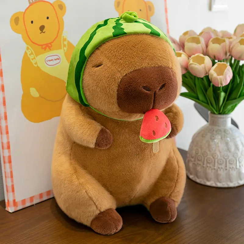 23-40cm Cartoon Plush Toy Watermelon Hat Capybara Doll Internet Celebrity Same Style Watermelon Head Cover Capybara Doll