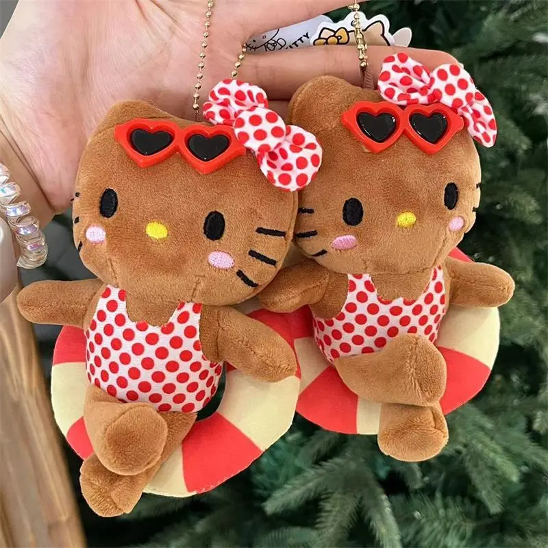 Cute Leather Hello Kitty Plush Dolls Toys Keychain Swimming Ring KT Bag Ornaments Gifts