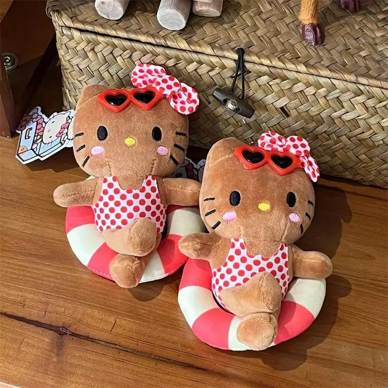 Cute Leather Hello Kitty Plush Dolls Toys Keychain Swimming Ring KT Bag Ornaments Gifts