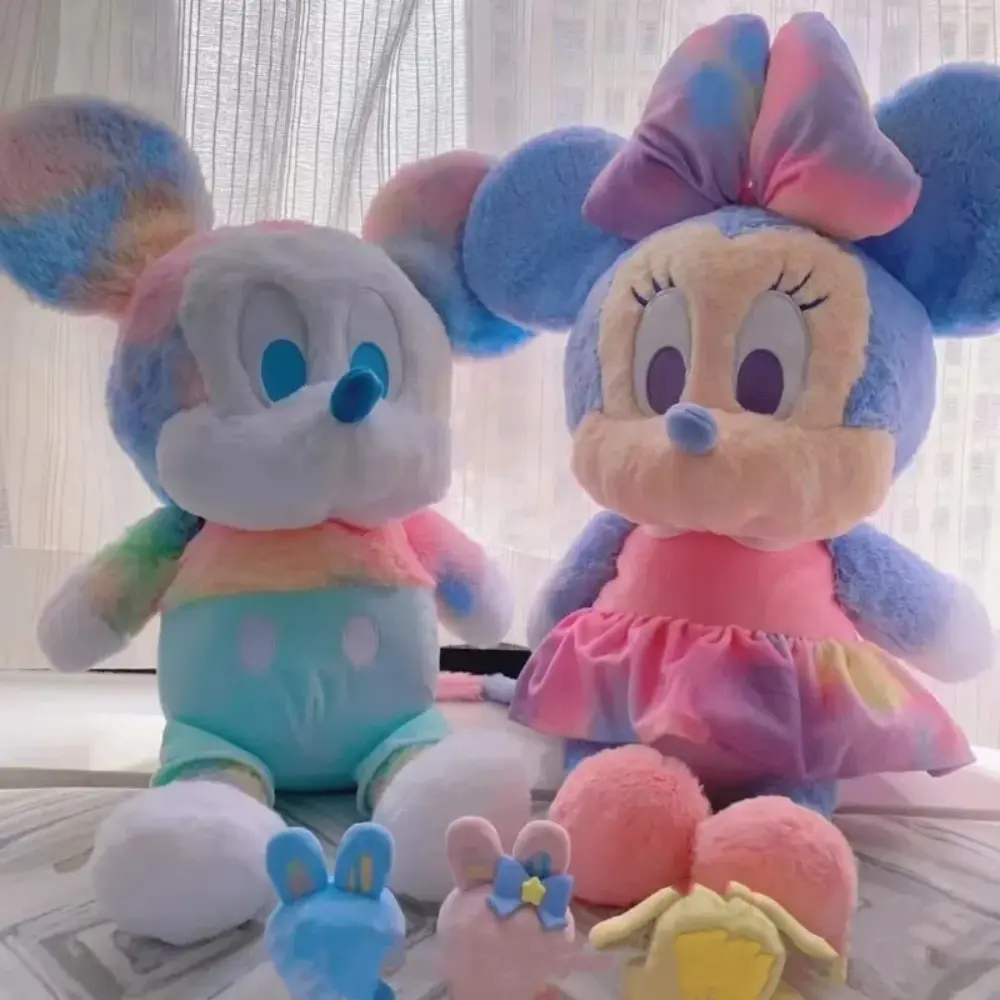 Disney Mickey and Minnie plush toys with colorful patterns, suitable as gifts for birthdays and holidays.