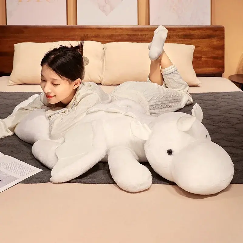 Cartoon Giant Flying Dragon White Pink Snow Dragon Plush Dinosaur Plushie Toy Soft Stuffed Animal Doll Big Sleep Pillow Kid Gift