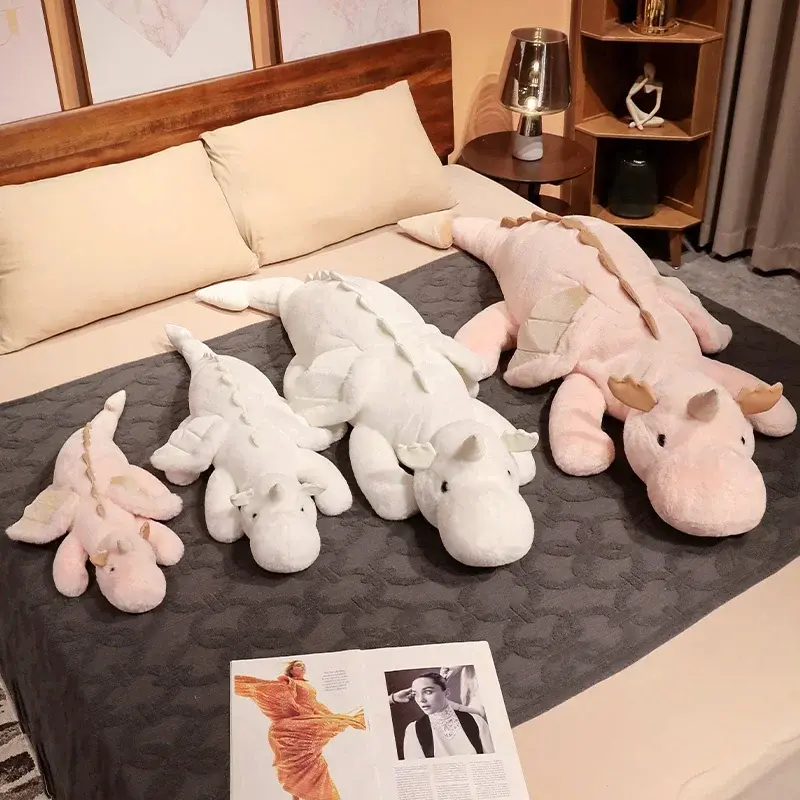 Cartoon Giant Flying Dragon White Pink Snow Dragon Plush Dinosaur Plushie Toy Soft Stuffed Animal Doll Big Sleep Pillow Kid Gift