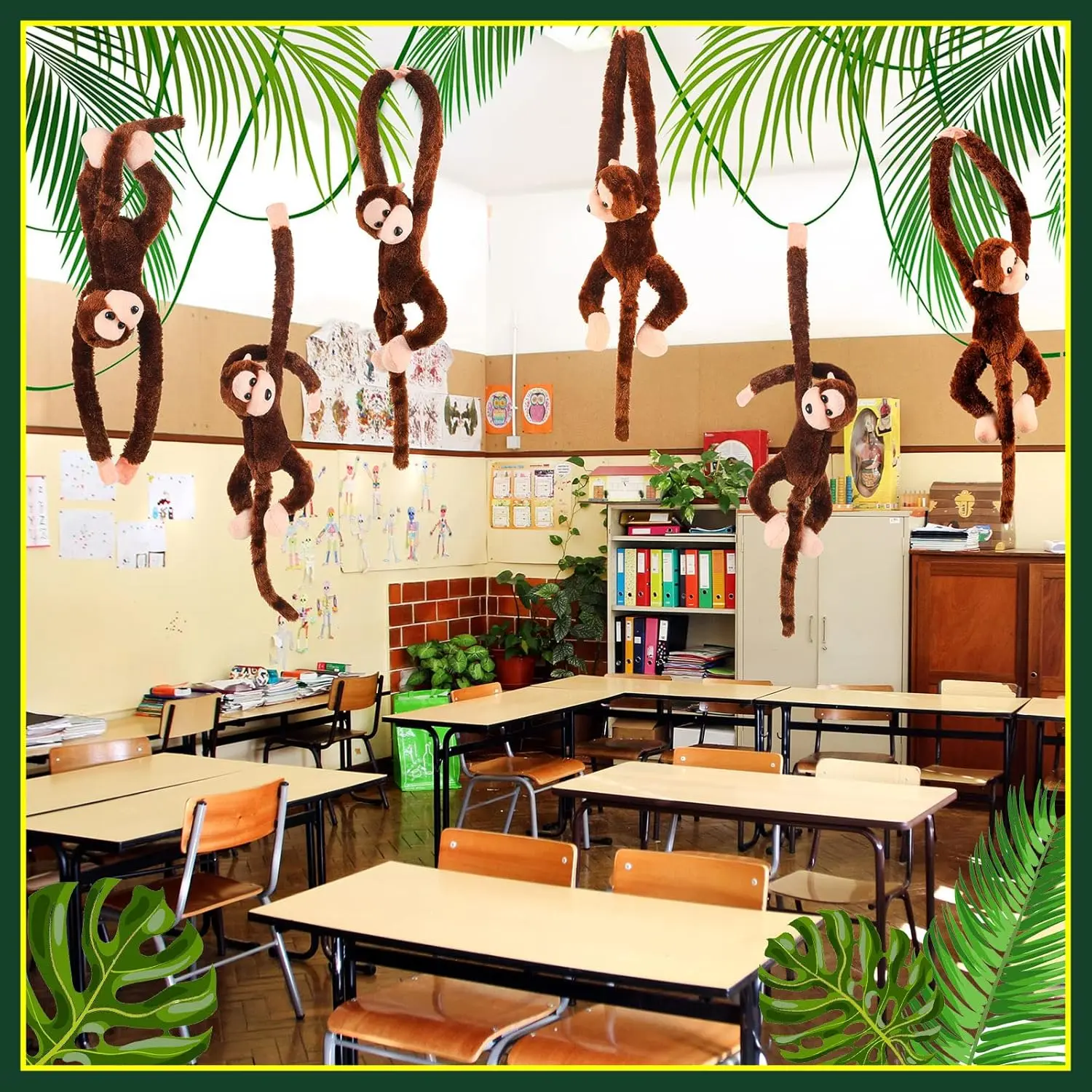 6-20PCS Forest Stuffed Animals 23cm Hanging Monkey Plush Toys with Hook Loop Fasteners Hands for Baby Shower Party Favors