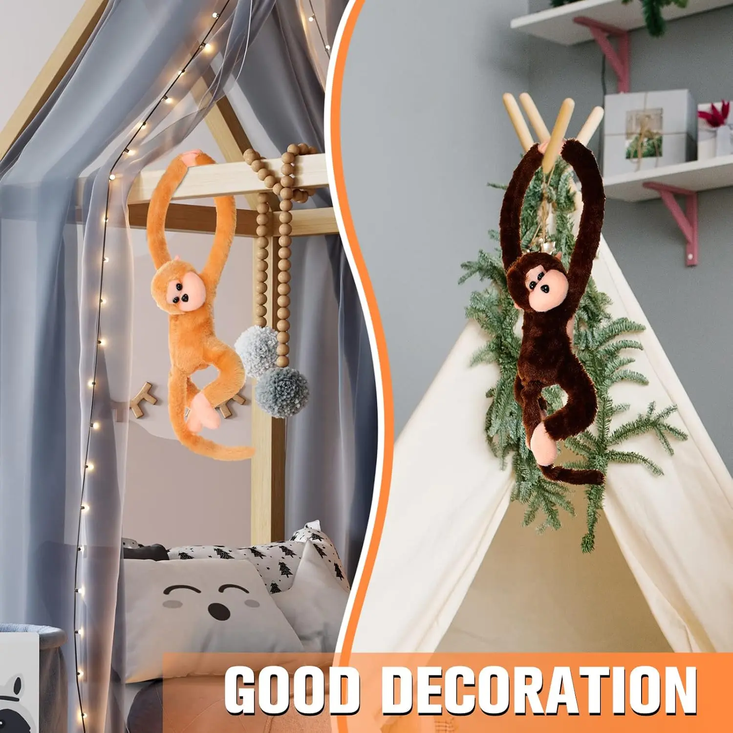 6-20PCS Forest Stuffed Animals 23cm Hanging Monkey Plush Toys with Hook Loop Fasteners Hands for Baby Shower Party Favors