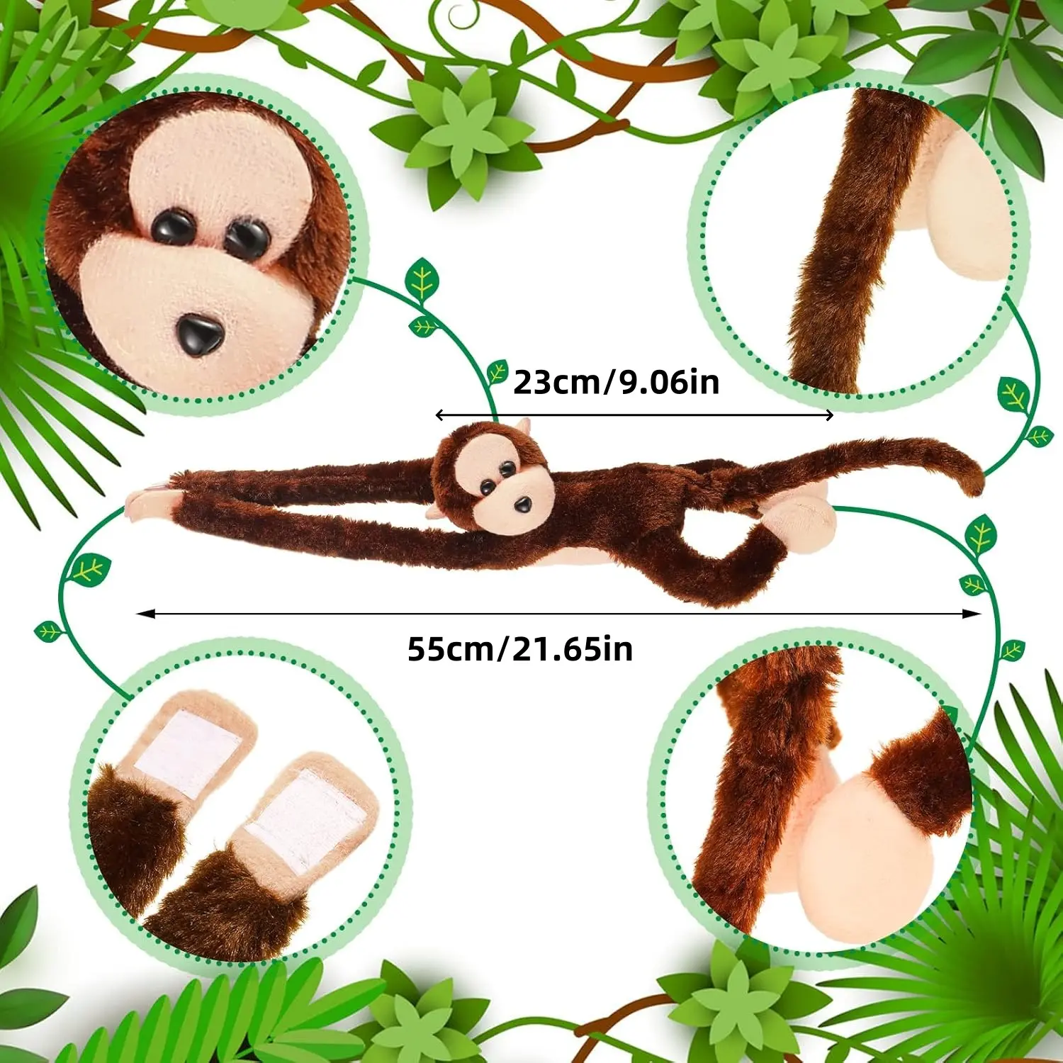 6-20PCS Forest Stuffed Animals 23cm Hanging Monkey Plush Toys with Hook Loop Fasteners Hands for Baby Shower Party Favors