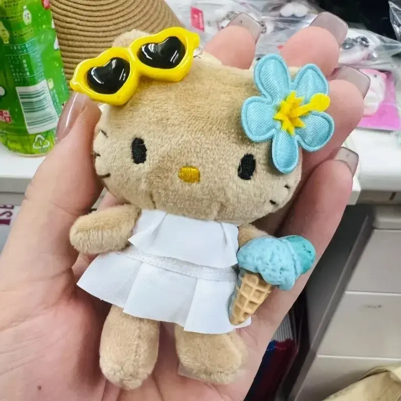 Kawaii Sanrio Hello Kitty Sunglasses Stuffed Plush Keychain Decoration Toy Soft Cartoon Backpack Pendant Dolls Birthday Gift