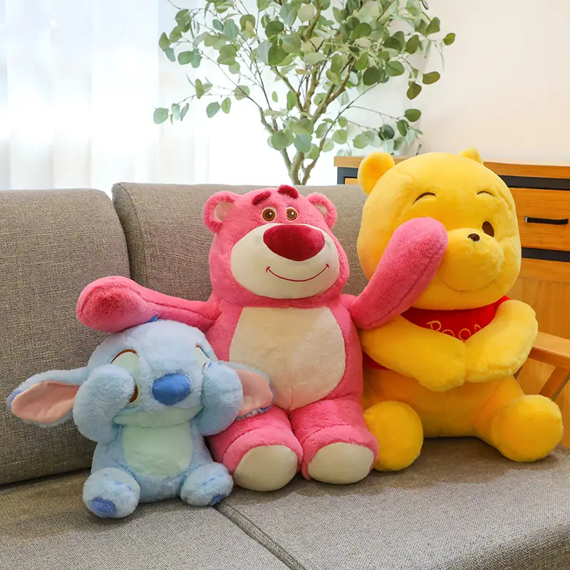 Disney Cartoon Stitch Plush Toy Cute Lotso Winnie the Pooh Doll Stuffed Blindfold Strawberry Bear Doll Room Decor Holiday Gift