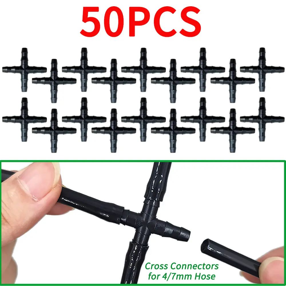 50PCS Cross Straight For 4/7 Mm Hose 1/4 'barb Barbed Connector Threaded Garden Greenhouse Micro Irrigation Pipe Accessories