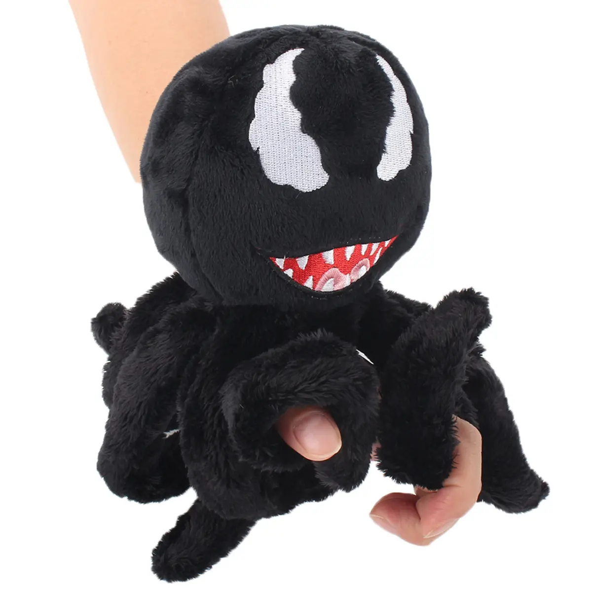 Cute octopus plush toy, with soft black fur, white eyes and a mouth with red fangs, an excellent gift for children and fans.