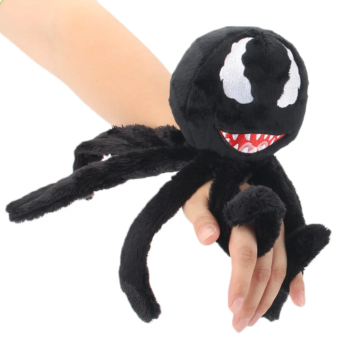 Cute octopus plush toy, with soft black fur, white eyes and a mouth with red fangs, an excellent gift for children and fans.