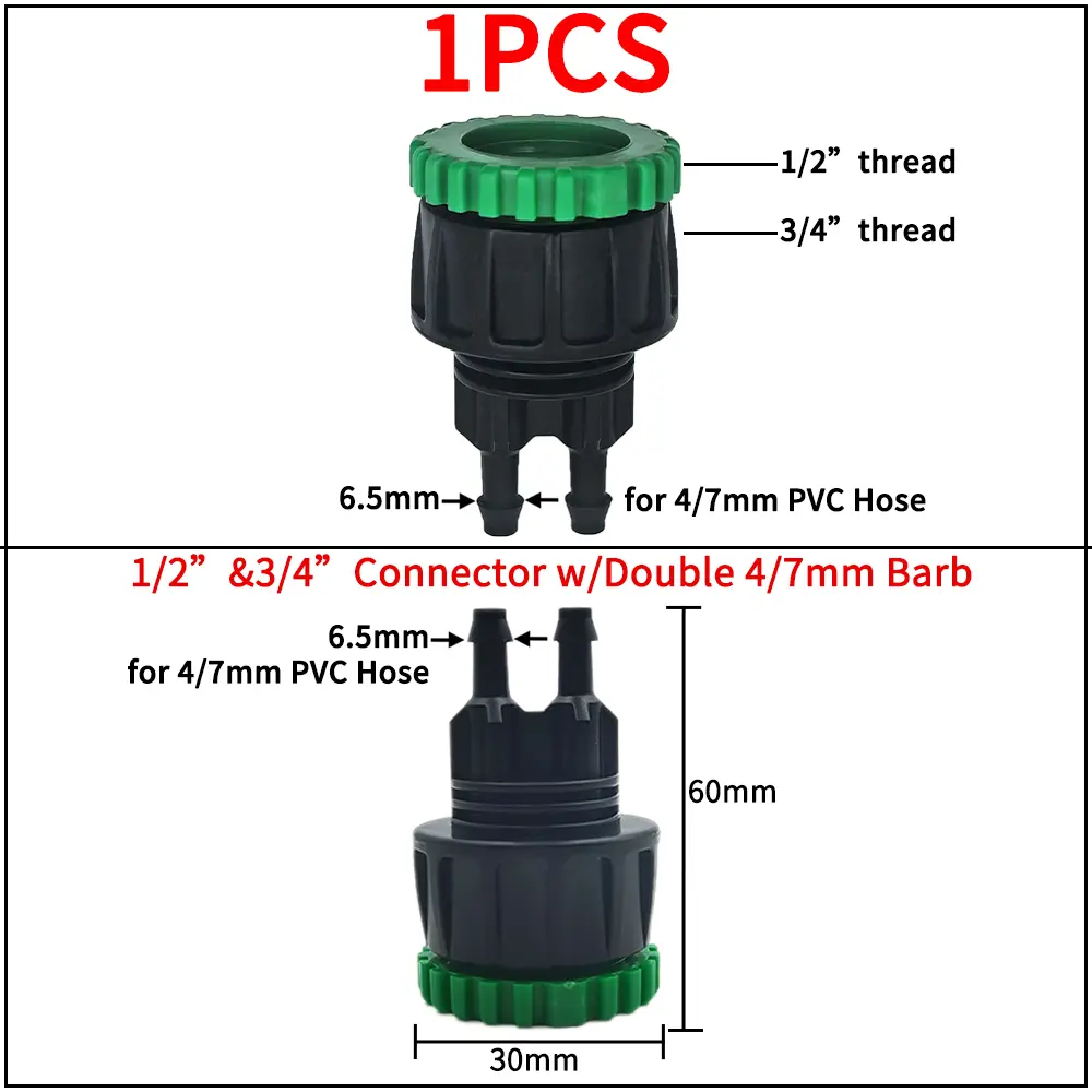 Garden Tap Adapters Quick Connectors 1/2" 3/4" Drip Irrigation Water Splitters Female Thread Male Nipple Joint 1/4" Hose