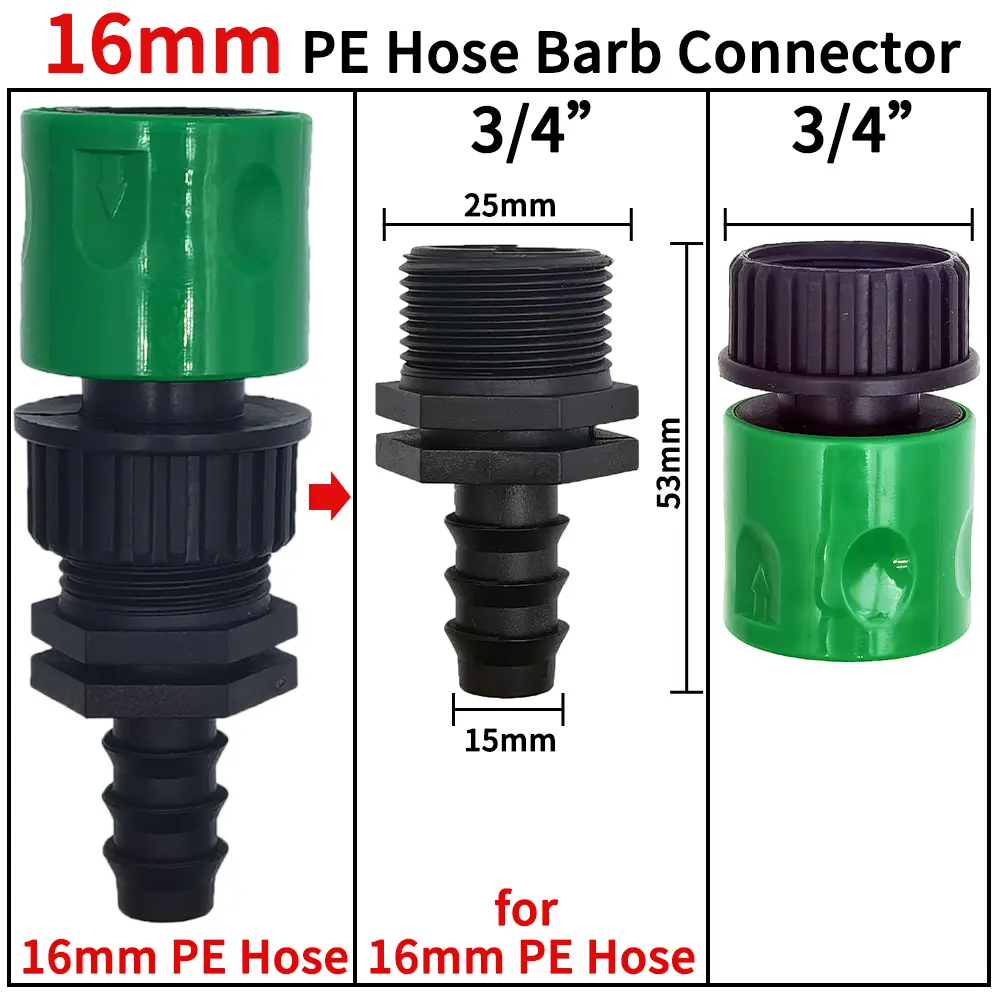 Oasis 3/4'' Quick Connector Nipple EURO Barb Threaded Adapter for 16mm 20mm PE Hose Pipe Garden Drip Irrigation Watering System