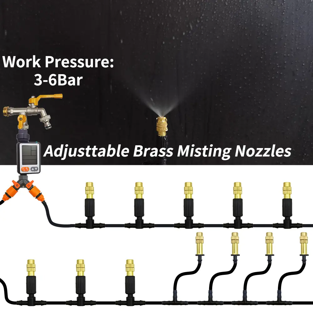 5M-50M Garden Misting Cooling System 1/4'' Drip Irrigation Outdoor Watering Brass Atomizer Nozzles 4/7mm Hose Greenhouse Parasol