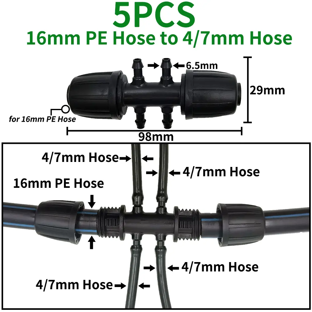 Oasis 5PCS 16mm 1/2'' PE Pipe Connector Splitter Tee Coupling Threaded Lock to 4/7mm 3/5mm Hose Garden Watering Drip Irrigation