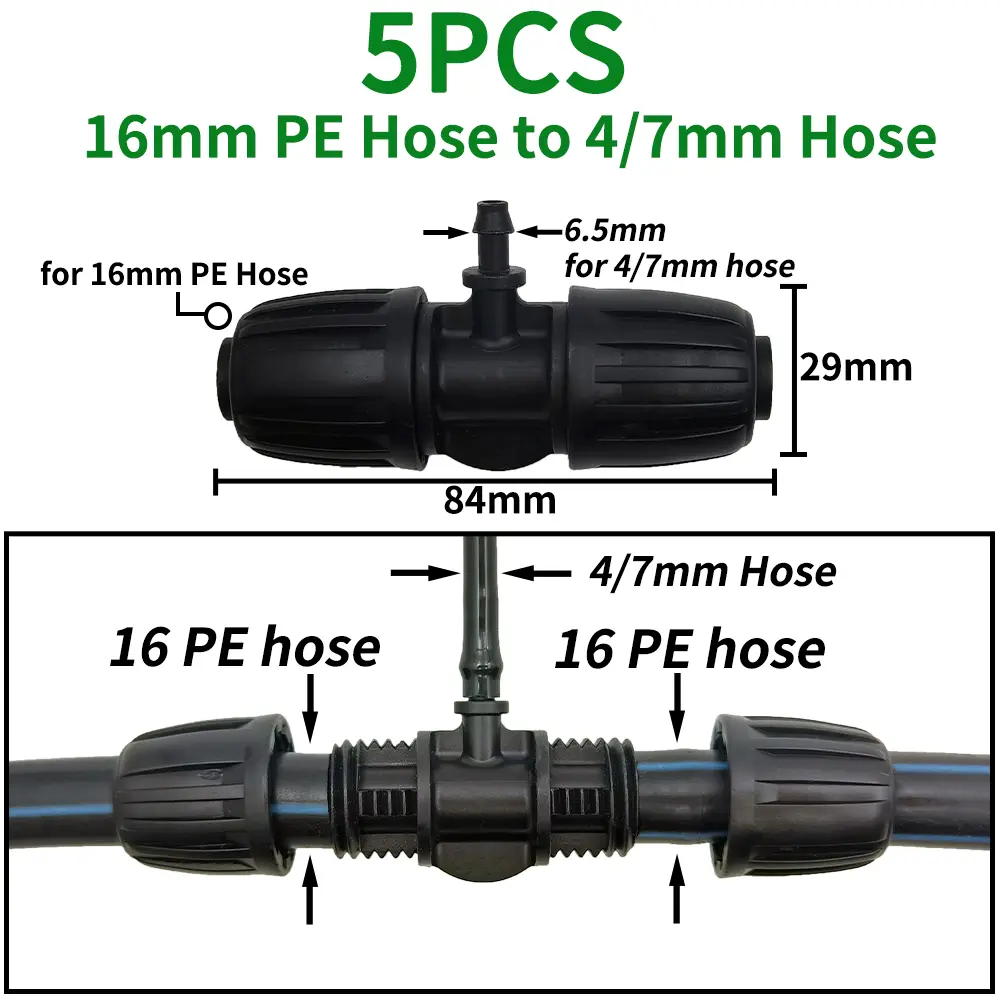 Oasis 5PCS 16mm 1/2'' PE Pipe Connector Splitter Tee Coupling Threaded Lock to 4/7mm 3/5mm Hose Garden Watering Drip Irrigation