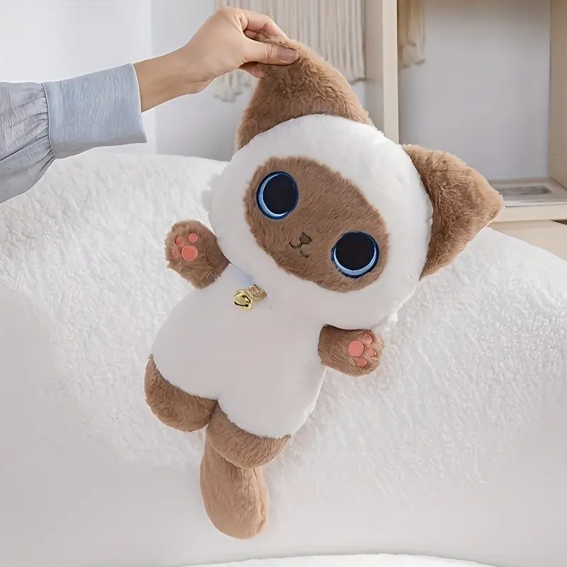 Cartoon Siamese Cat Plush Toy - Filled with soft polyester fiber material, with a bell, suitable for interactive play