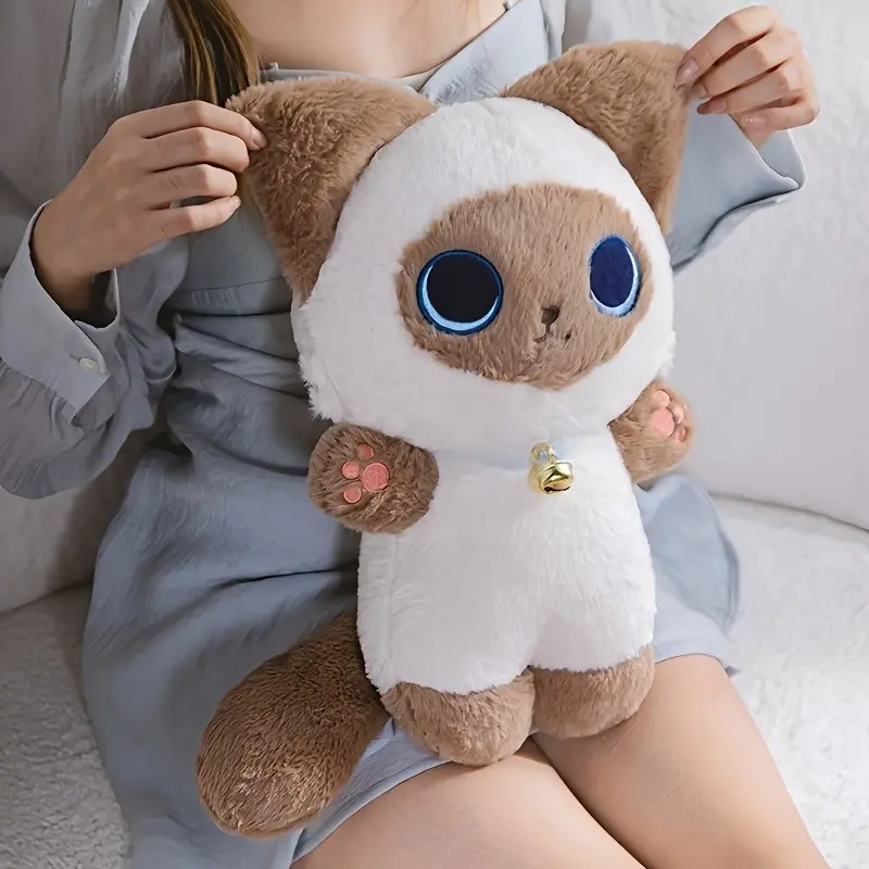 Cartoon Siamese Cat Plush Toy - Filled with soft polyester fiber material, with a bell, suitable for interactive play