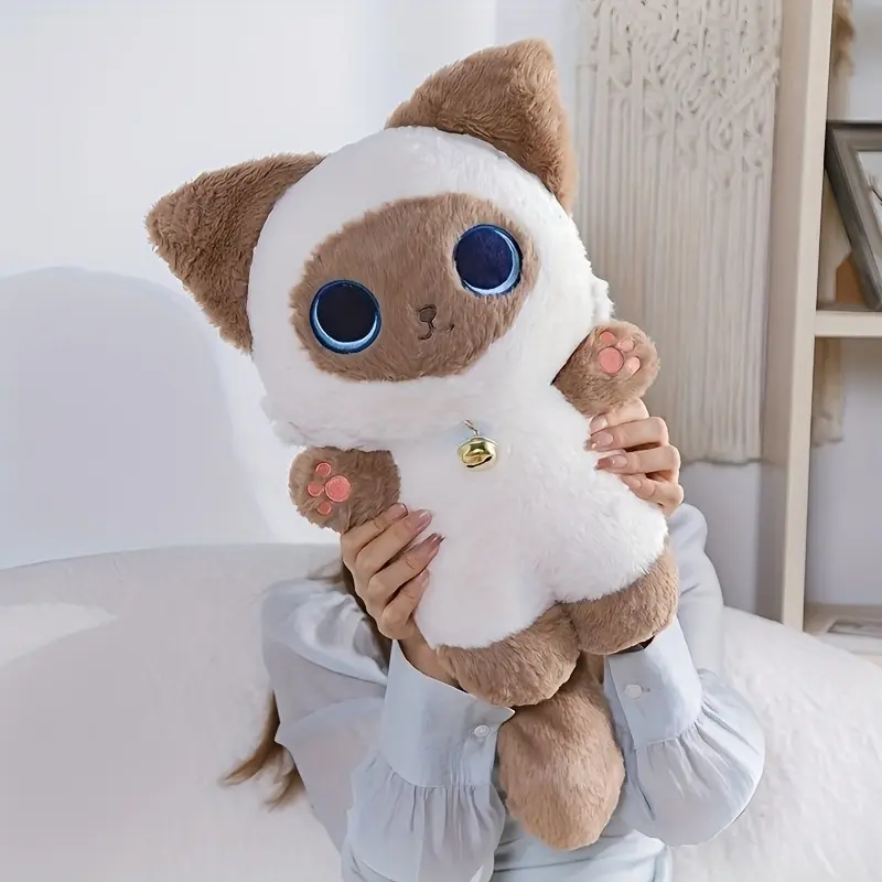 Cartoon Siamese Cat Plush Toy - Filled with soft polyester fiber material, with a bell, suitable for interactive play