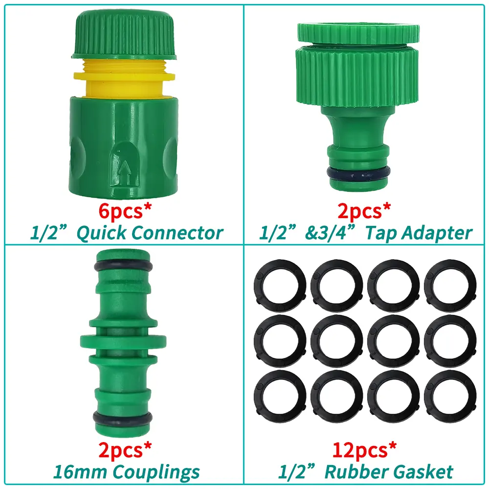 Oasis 1/2inch Hose Garden Tap Water Hose Pipe 16mm Quick Connector Fitting w/ 1/2''&3/4'' Adapter Repair Watering Greenhouse