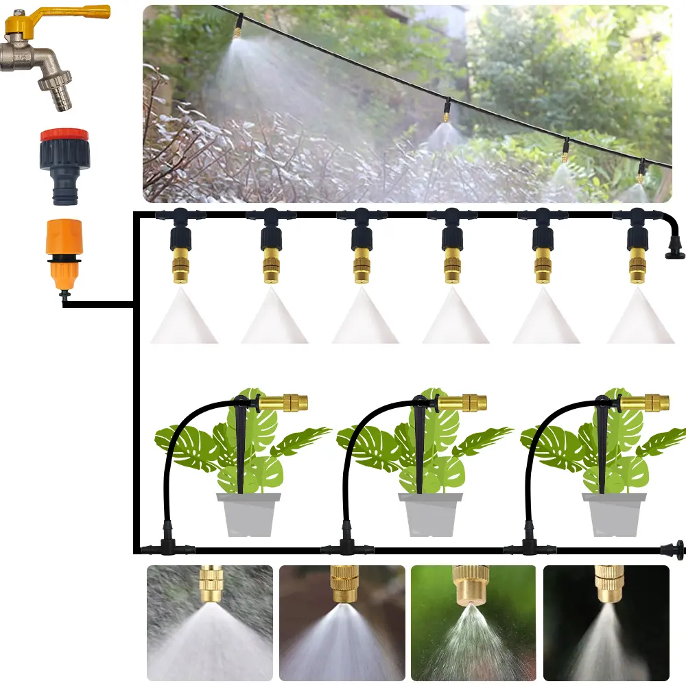 5M-30M Garden Brass Misting Cooling System Irrigation Watering 1/4'' Atomizer Nozzles 4/7mm Hose for Outdoor Greenhouse Pot