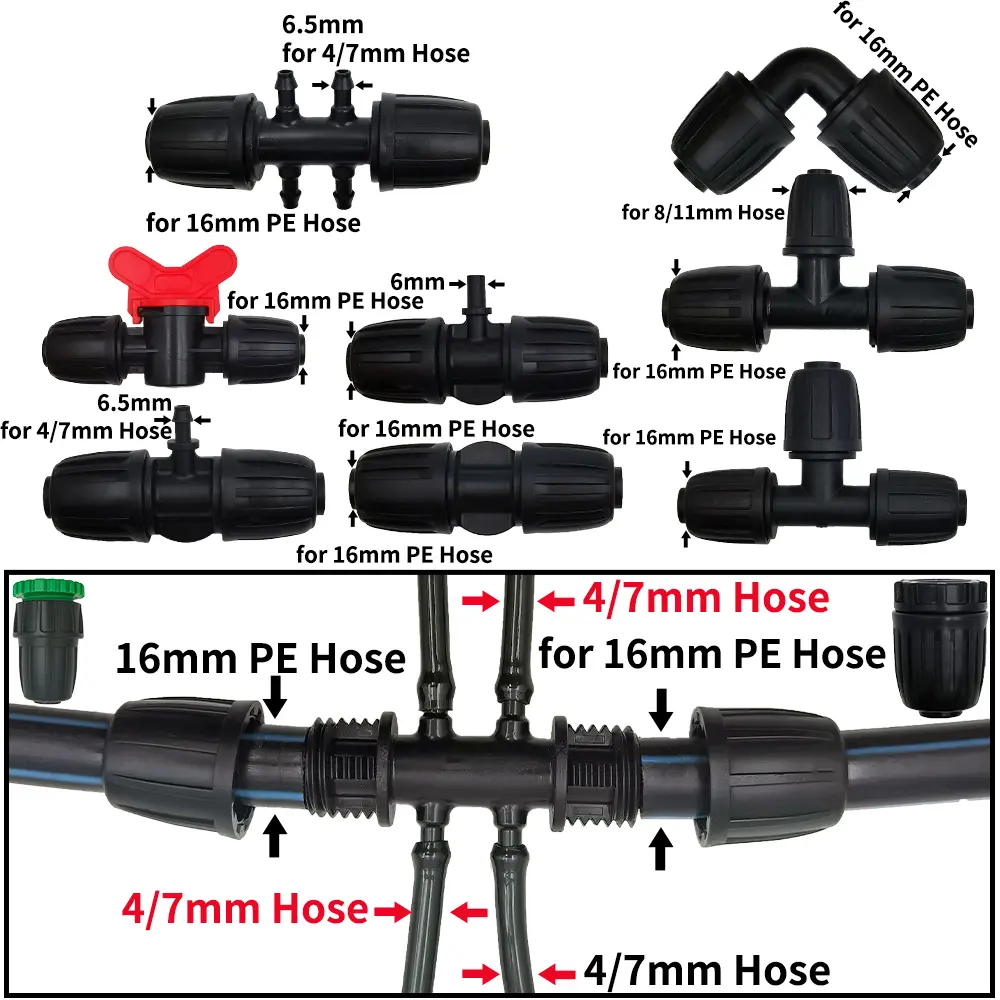 Oasis 2PCS 16mm 1/2'' PE Pipe Connector Splitter Tee Coupling Threaded Lock to 4/7mm 3/5mm Hose Garden Watering Drip Irrigation