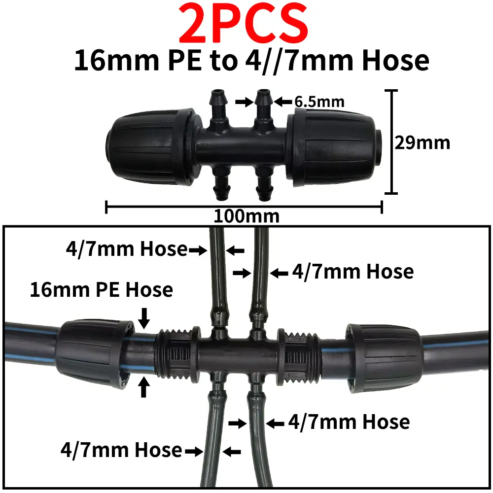 Oasis 2PCS 16mm 1/2'' PE Pipe Connector Splitter Tee Coupling Threaded Lock to 4/7mm 3/5mm Hose Garden Watering Drip Irrigation