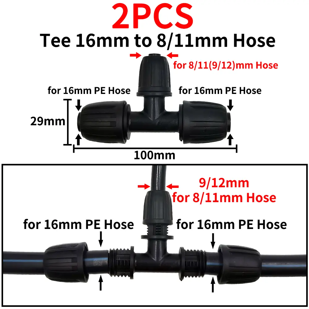 Oasis 2PCS 16mm 1/2'' PE Pipe Connector Splitter Tee Coupling Threaded Lock to 4/7mm 3/5mm Hose Garden Watering Drip Irrigation